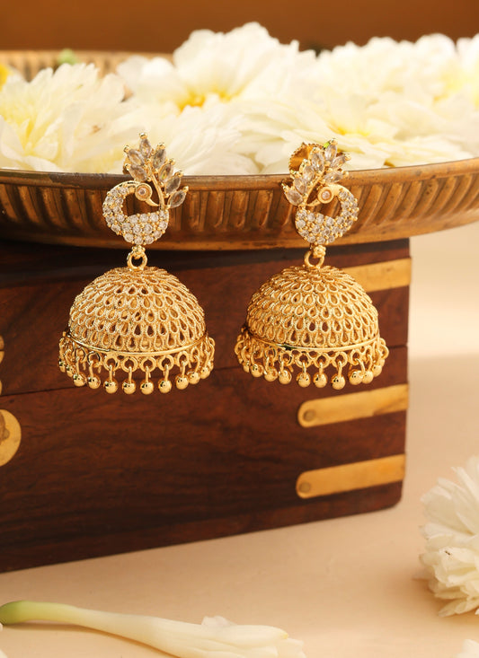 Gold Jhumkas with American Diamond Accent