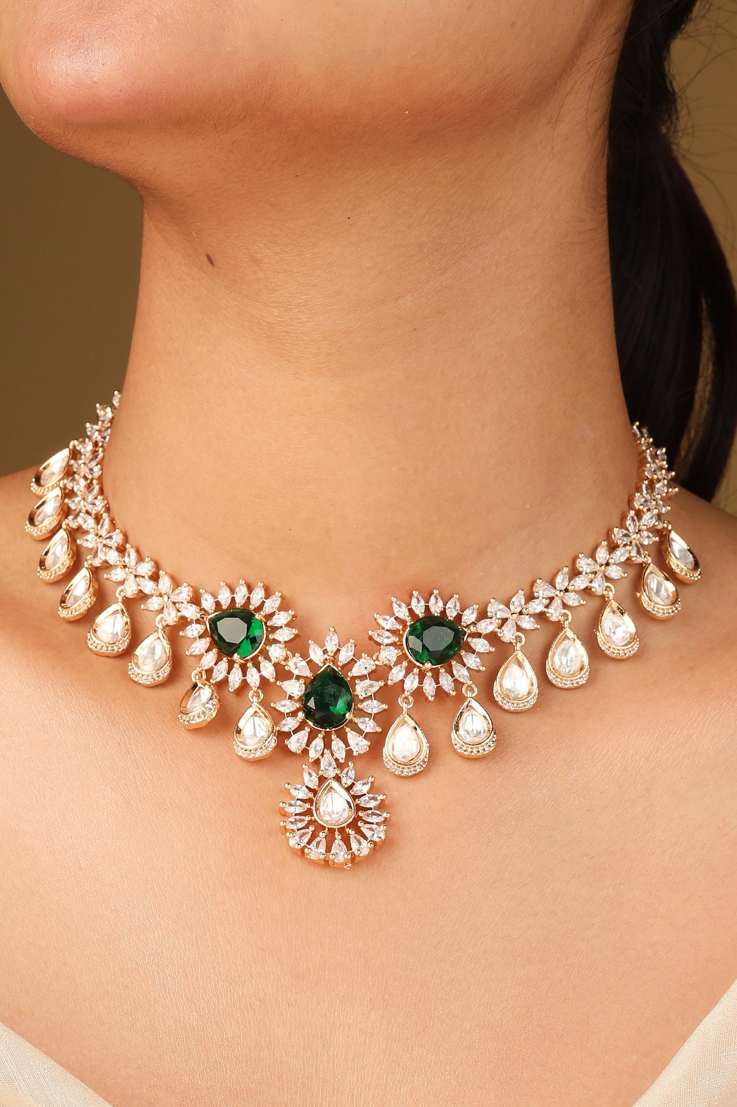 Statement Necklace with Green Stones and American Diamonds