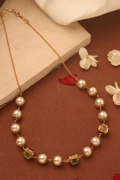 Pearl Necklace with Stone Studded Gold Balls