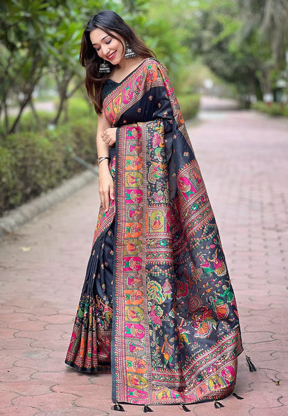 Jade Black Multicolor Traditional Printed Kashmiri Silk Saree