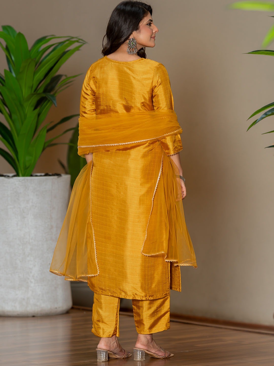 Mustard Silk Blend Embroidered Kurta Pant with Dupatta