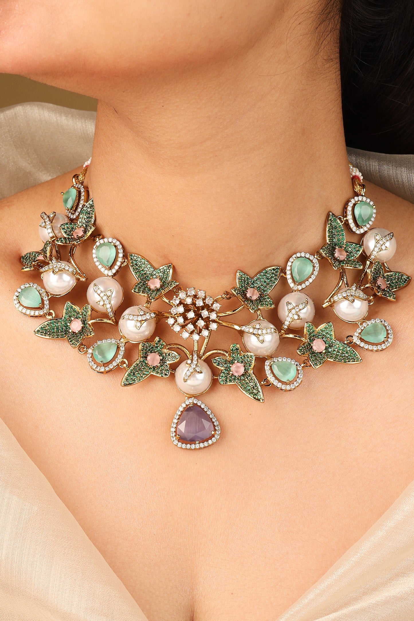 Floral Inspired Statement Necklace with Green and Pink Stones and Matching Earrings