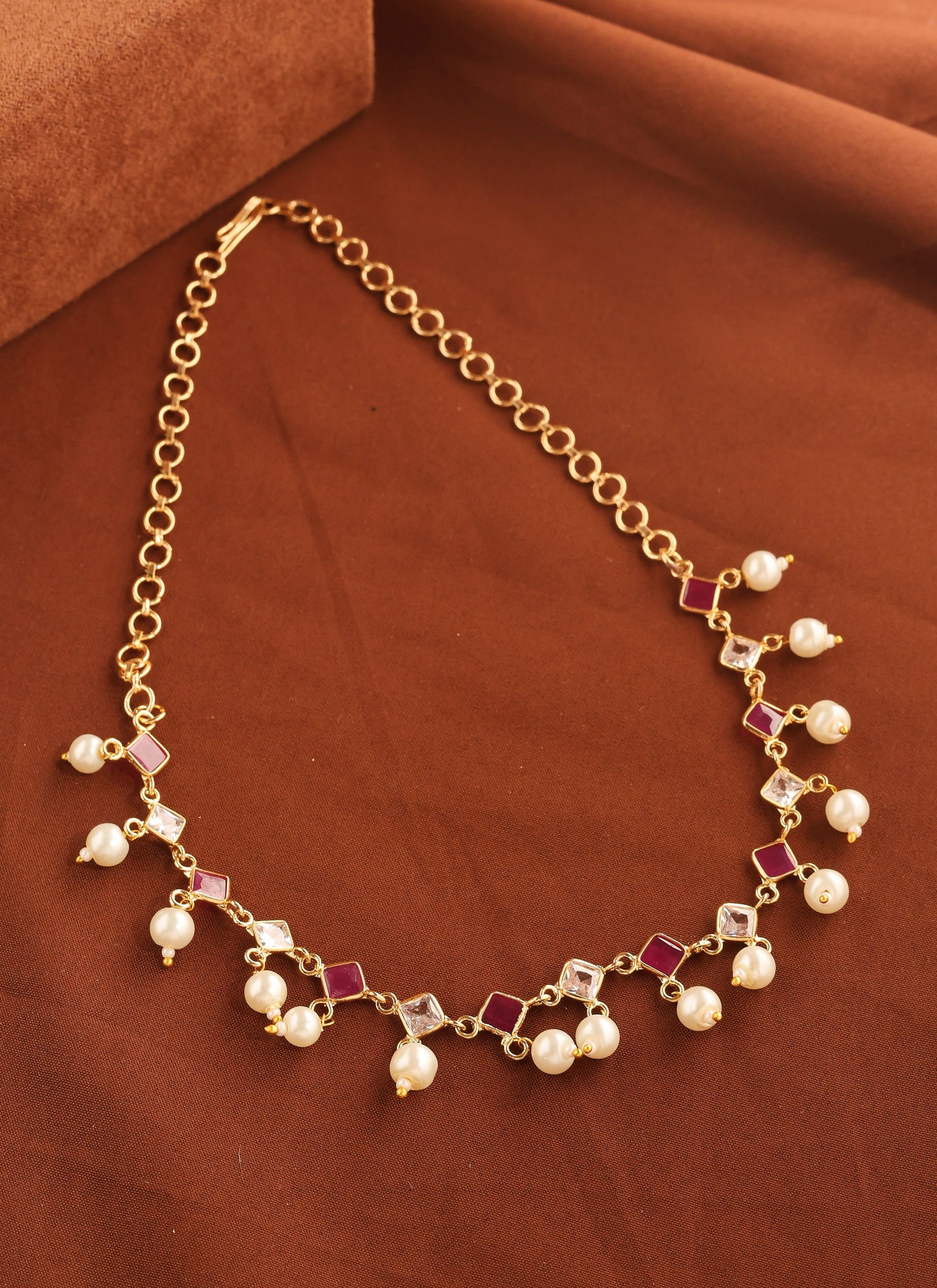 American Diamond Necklace with Pink Stones and Pearls