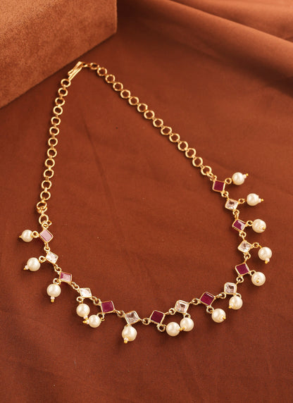 American Diamond Necklace with Pink Stones and Pearls