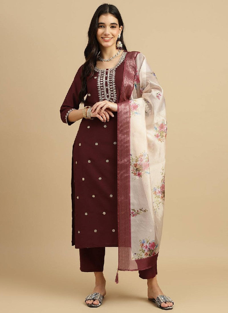 Brown Rayon Digital Print Kurta with Pant & Dupatta