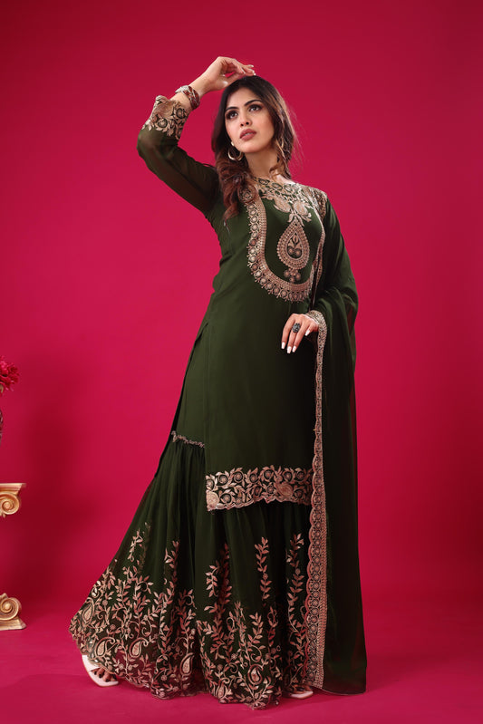 Green Sequins Faux Georgette Readymade Suit