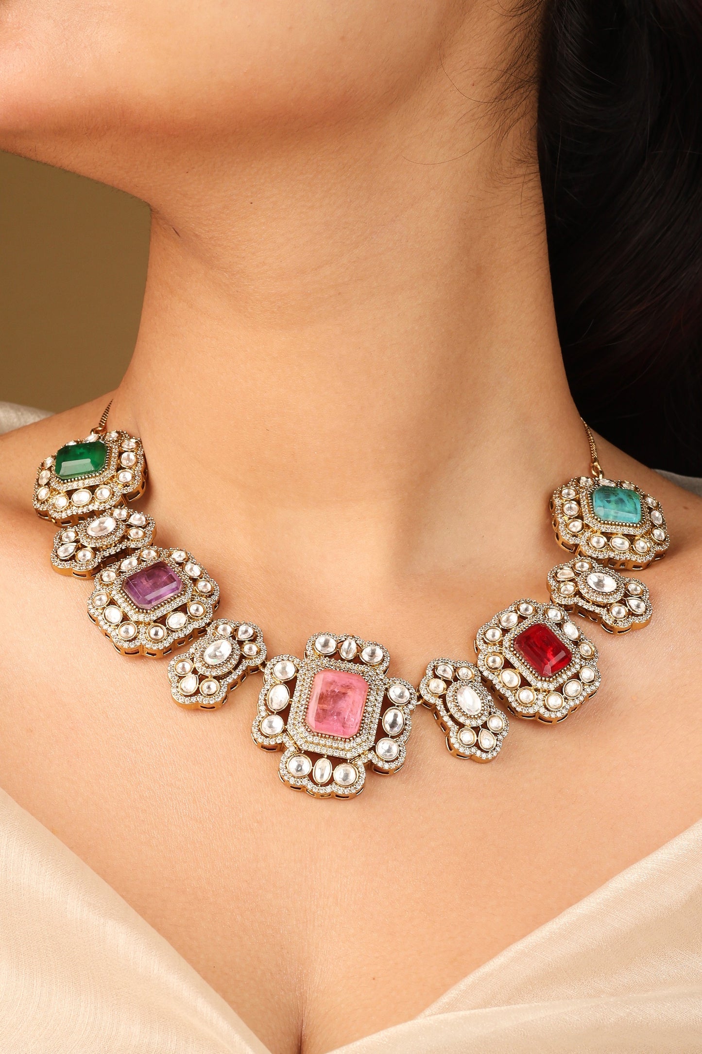 Colourful Harmony Necklace Set with Square Stones and Elegant Accents