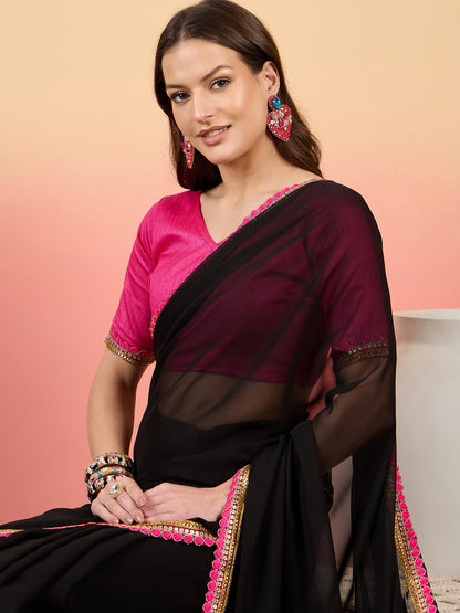 Classic Black Georgette Saree with Vibrant Pink Blouse