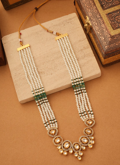 Long White Stone Necklace Set with Kundan Pendant