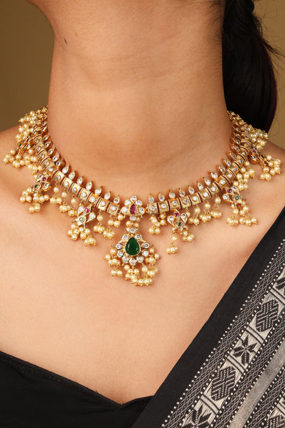 Traditional Guttapusalu Necklace with Jhumkis Tiny White Pearls and Stones