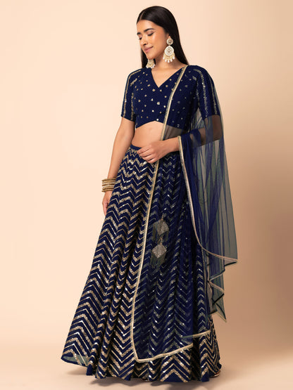 Blue Zari & Sequins Embroidered Georgette Lehenga Choli