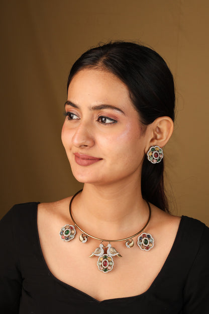 Gold Plated Circle Necklace with colourful Flower Pendants Matching Earrings and Maang Tikka