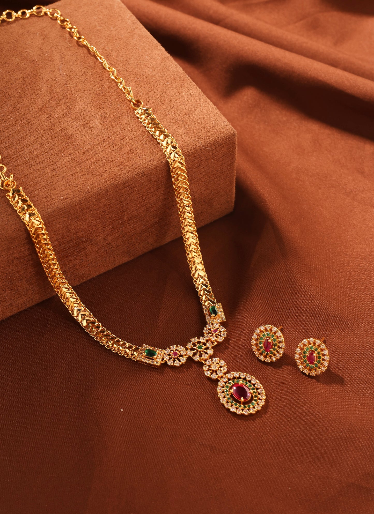 Gold Flat Chain Necklace Set with American Diamond and Green Red Stone Pendant