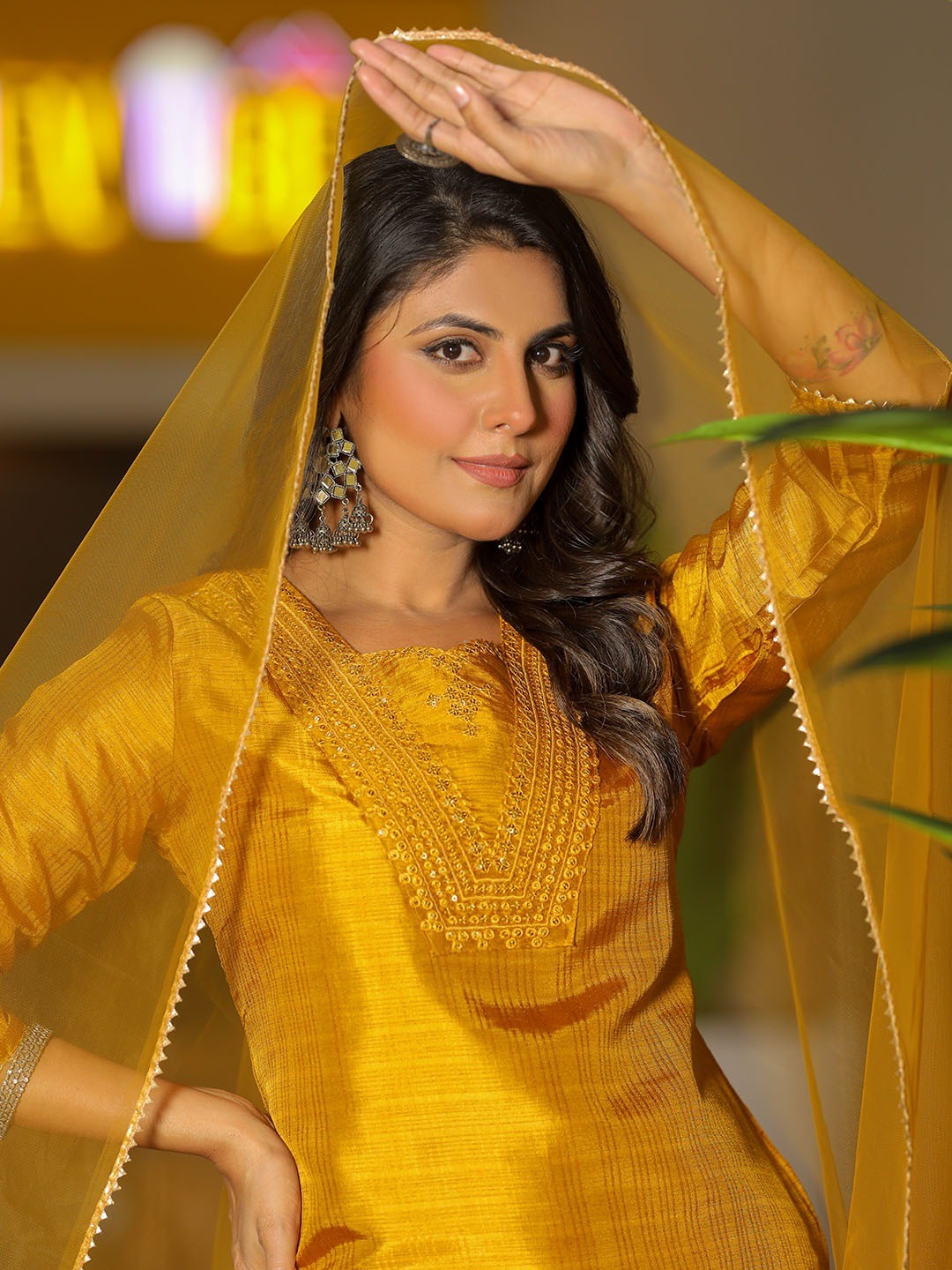 Mustard Silk Blend Embroidered Kurta Pant with Dupatta