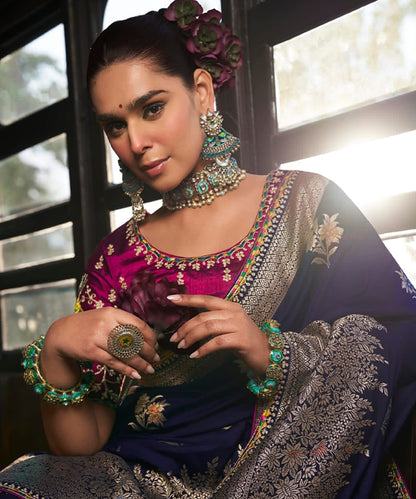 Elegant Navy Blue Woven Banarasi Silk Saree with Intricate Floral Zari Work