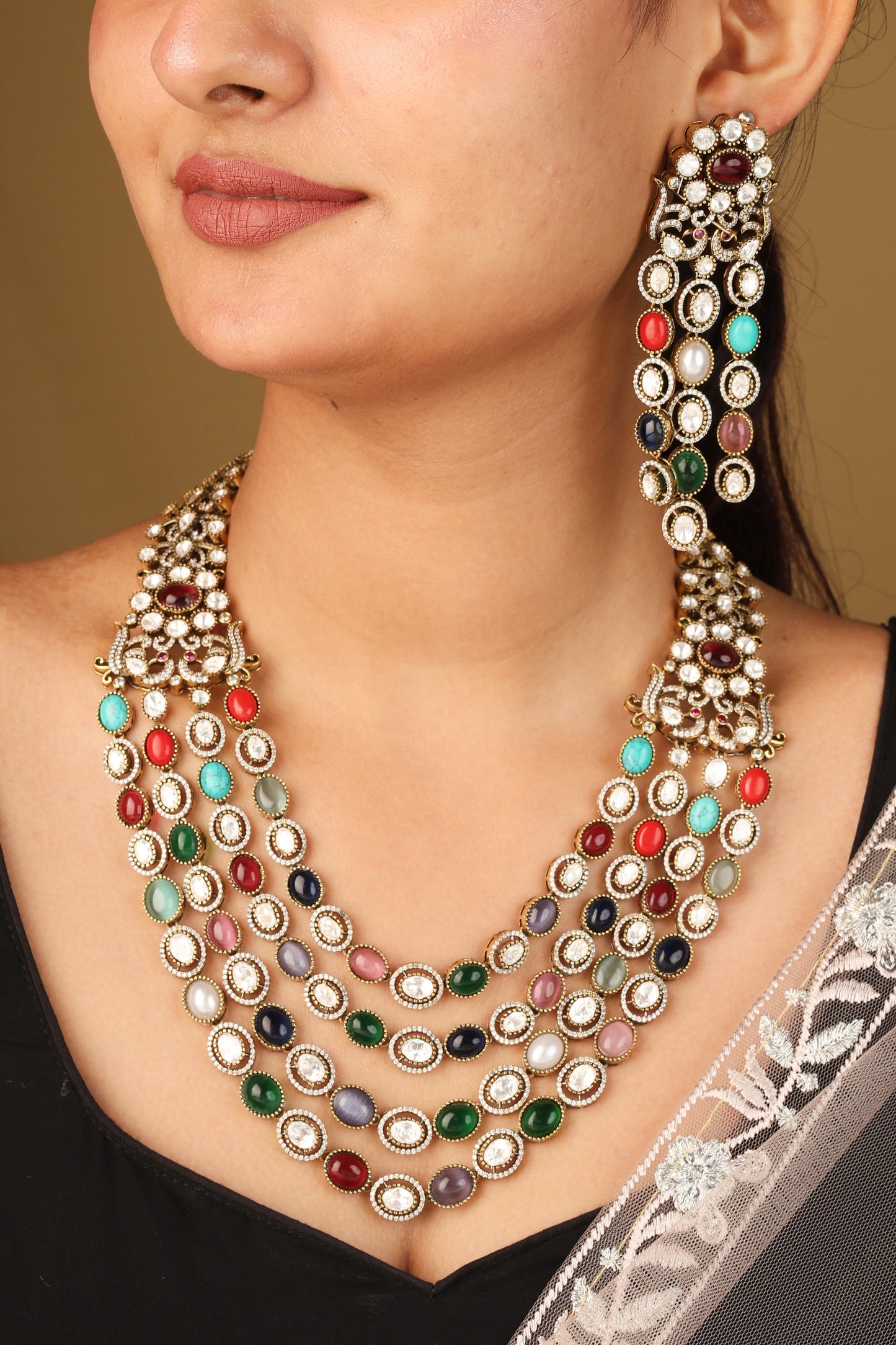 Layered Necklace with Navratan Stones Statement Piece