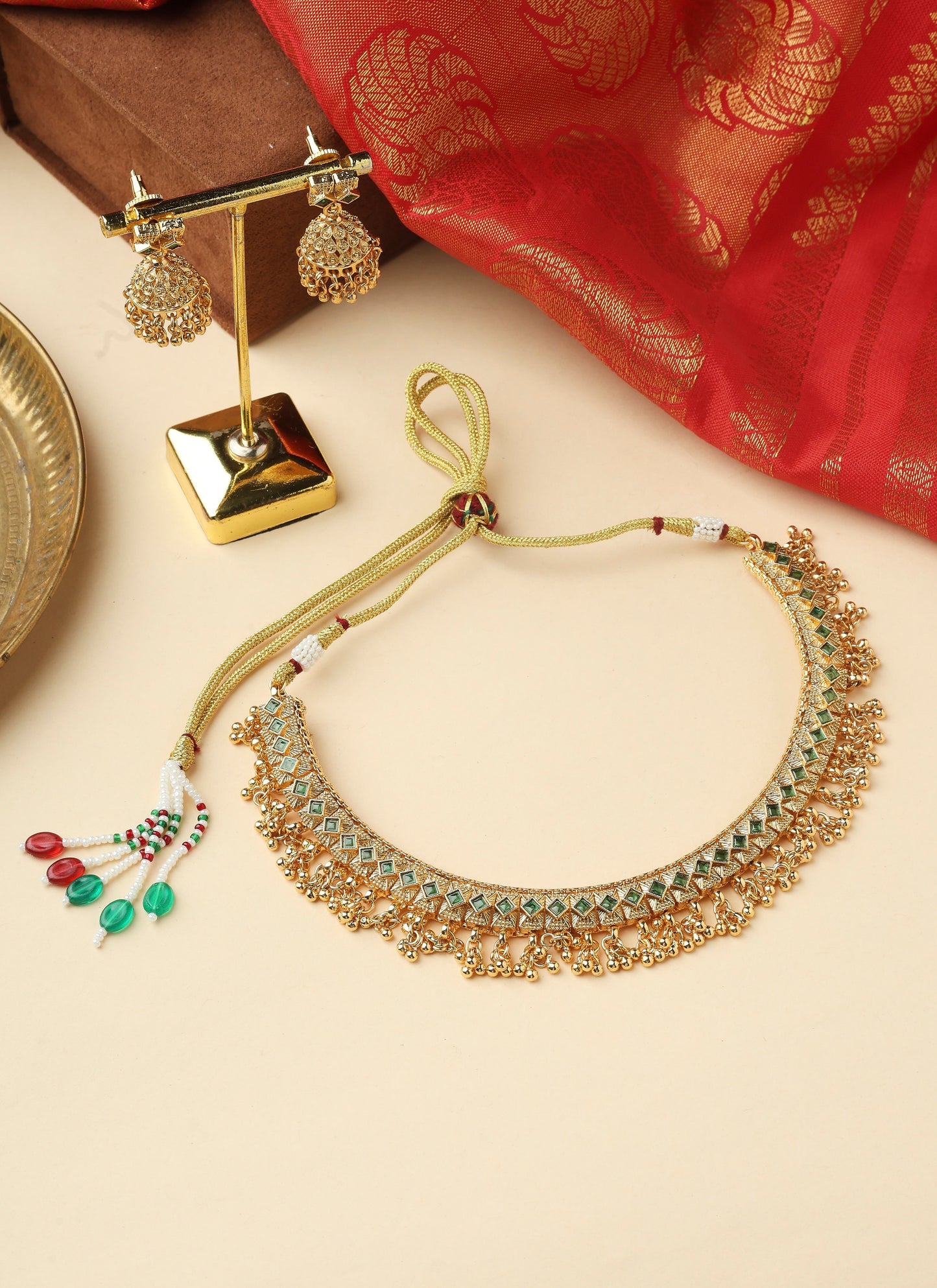 Elegant Kundan Choker Set with Green Beaded Detailing