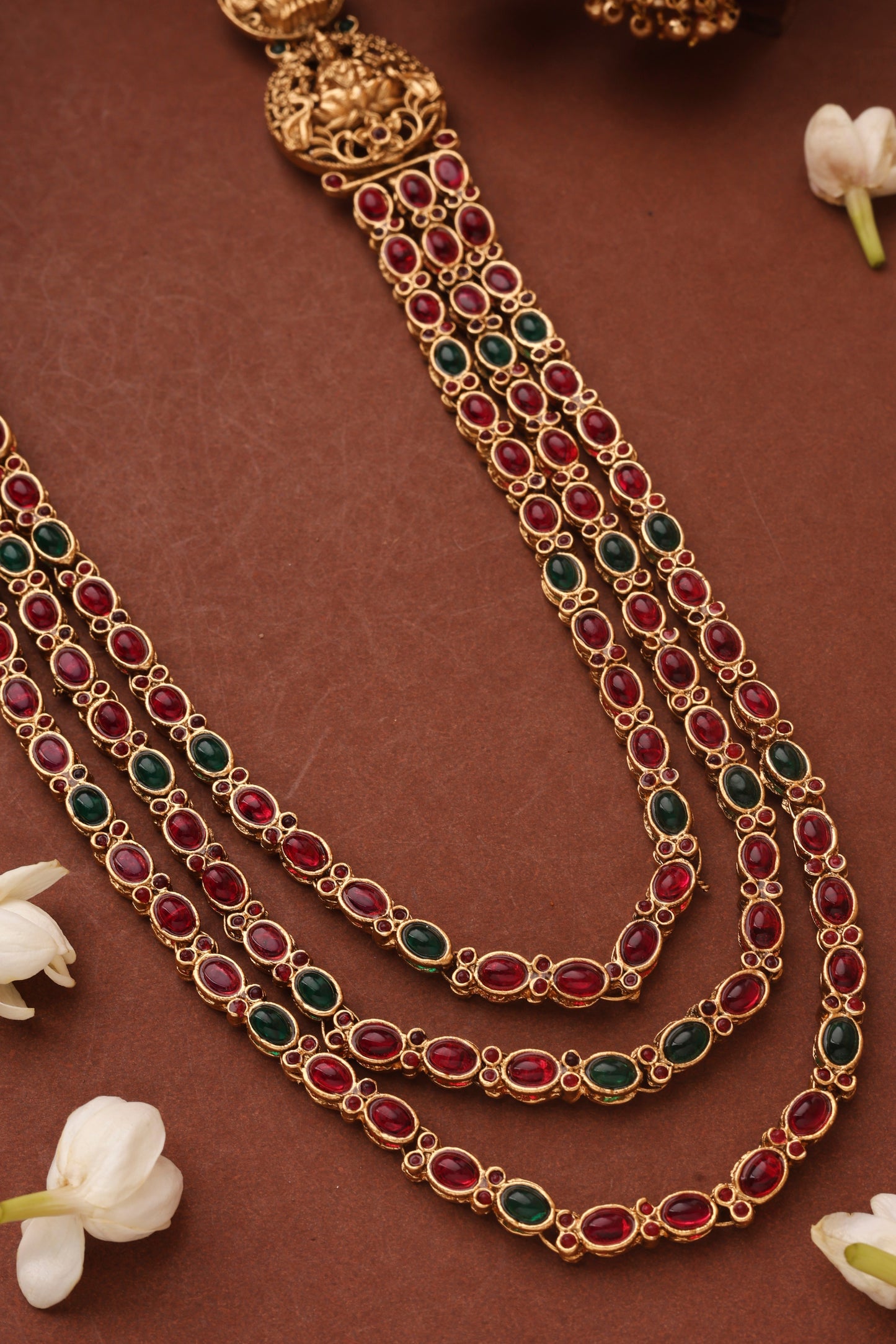 Three Layer Temple Jewellery Necklace Set with Red and Green Stone Studs