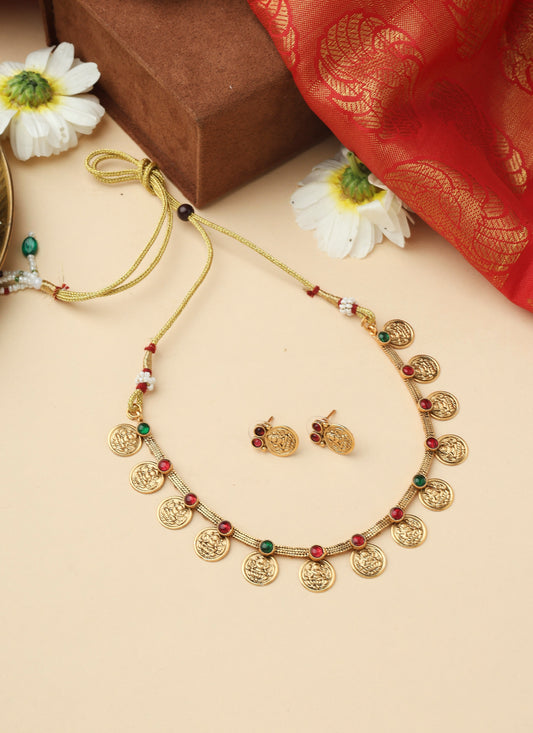 High Gold Necklace Set with Dangling Coins and Matching Earrings