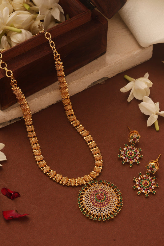 Long Gold Plated Necklace with American Diamond Pendant