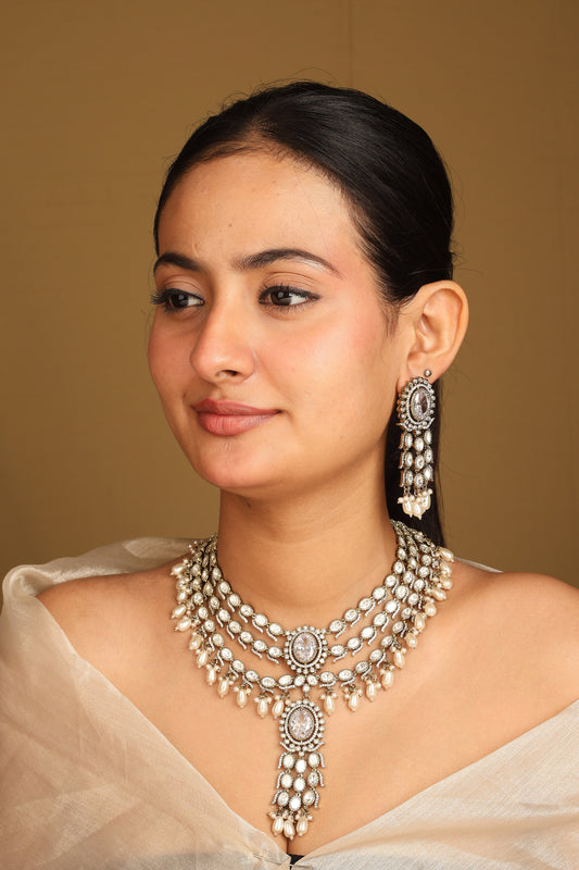 Regal Kundan and Pearl Layered Necklace Set.