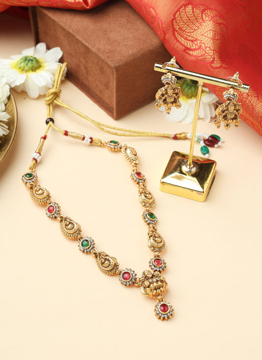 Gold Laxmi Necklace Set with Matching Earrings