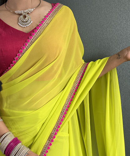 Neon Yellow Georgette Saree with Pink Border