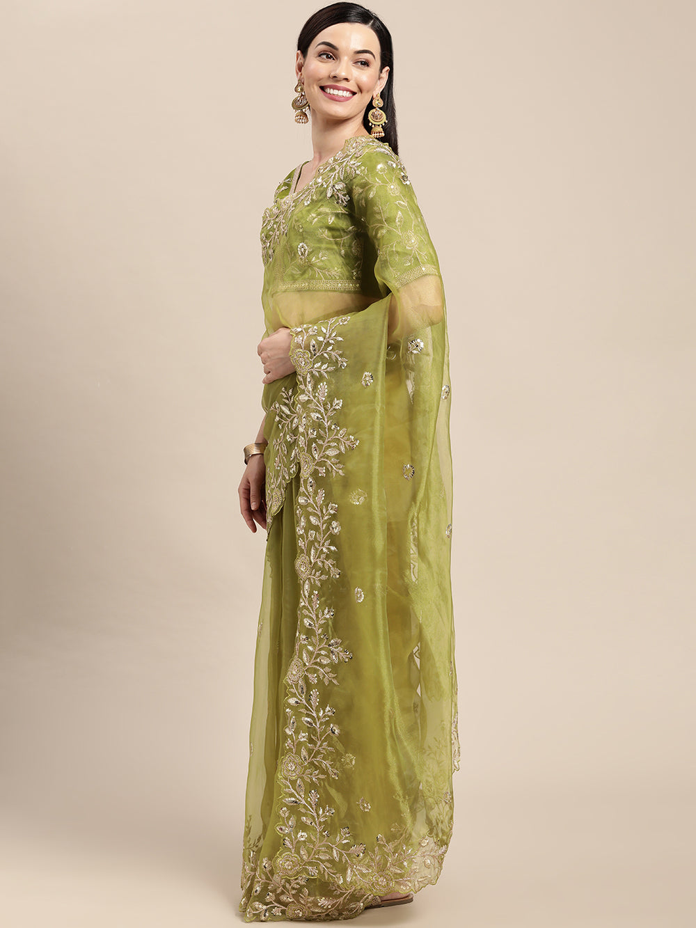 Mehendi Green Organza Embroidered Saree