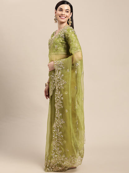 Mehendi Green Organza Embroidered Saree