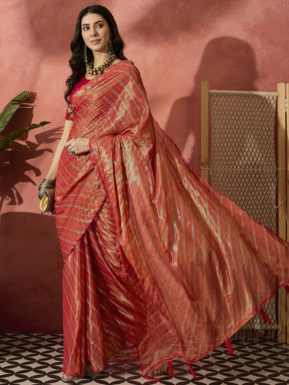 Exquisite Rust Orange Dual-Tone Organza Saree with Sheer Elegance