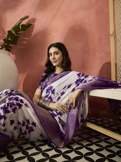 Elegant White Saree with Graceful Purple Floral Motifs