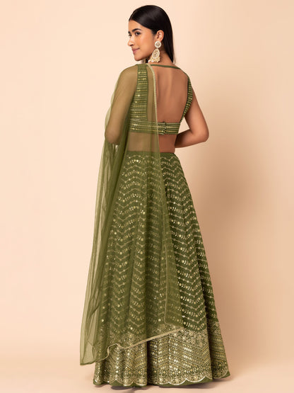 Green Zari & Sequins Embroidered Georgette Wedding Lehenga