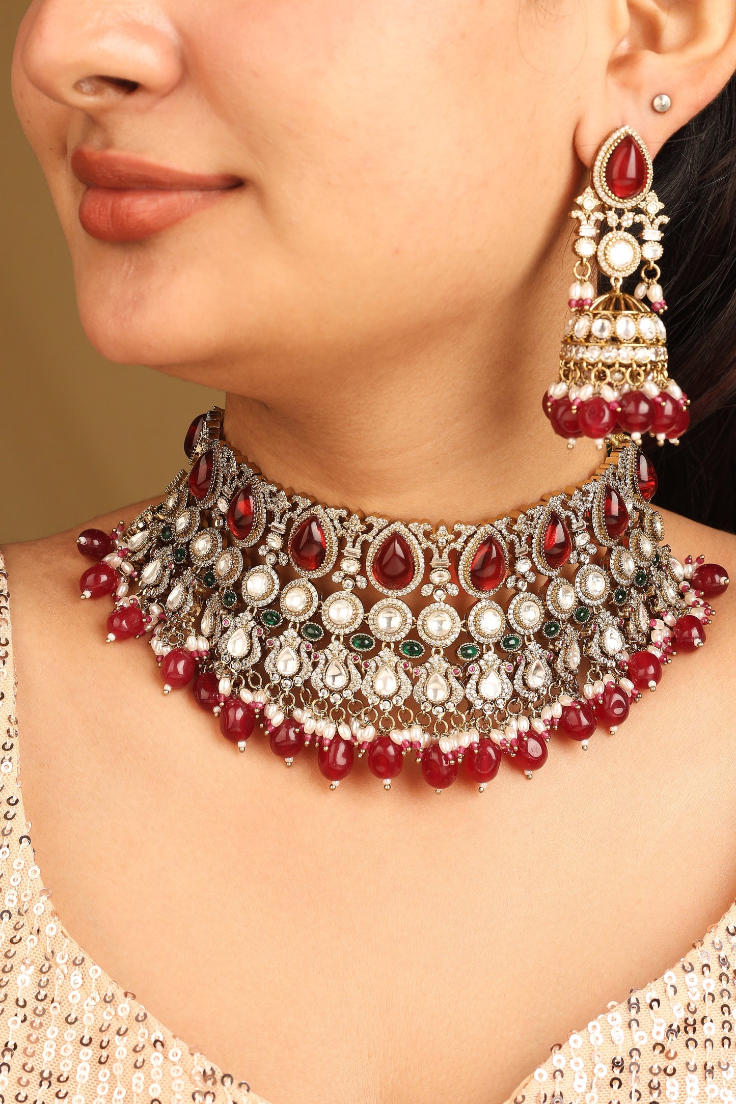 American Diamond High Neck Necklace Set with Red Stones