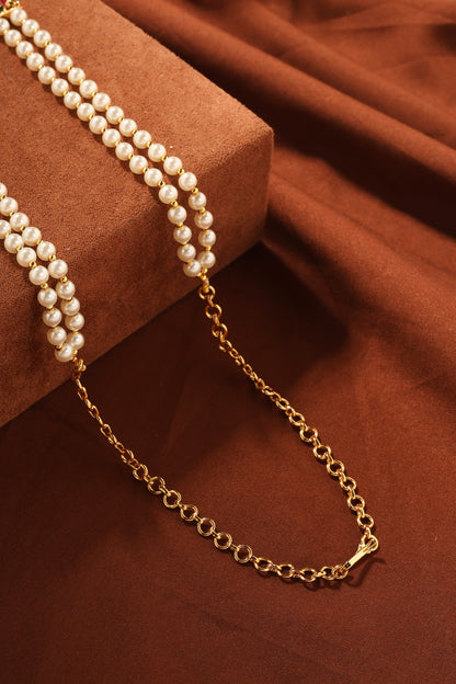 Pearl Necklace Set with Red Stone Pendant