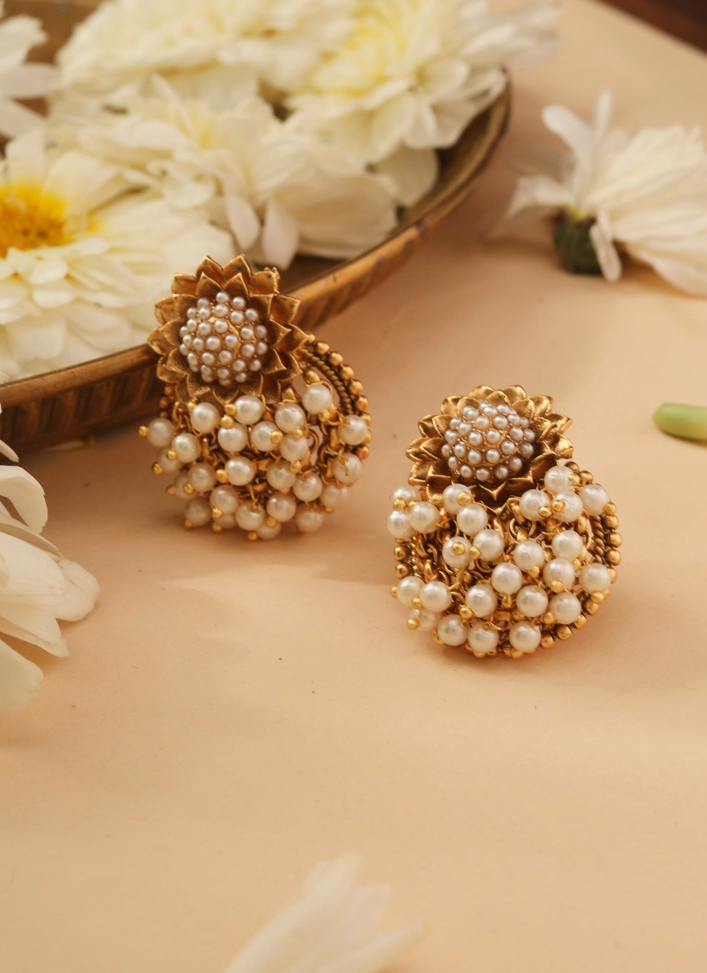 Gold Chandbalis with Pearls