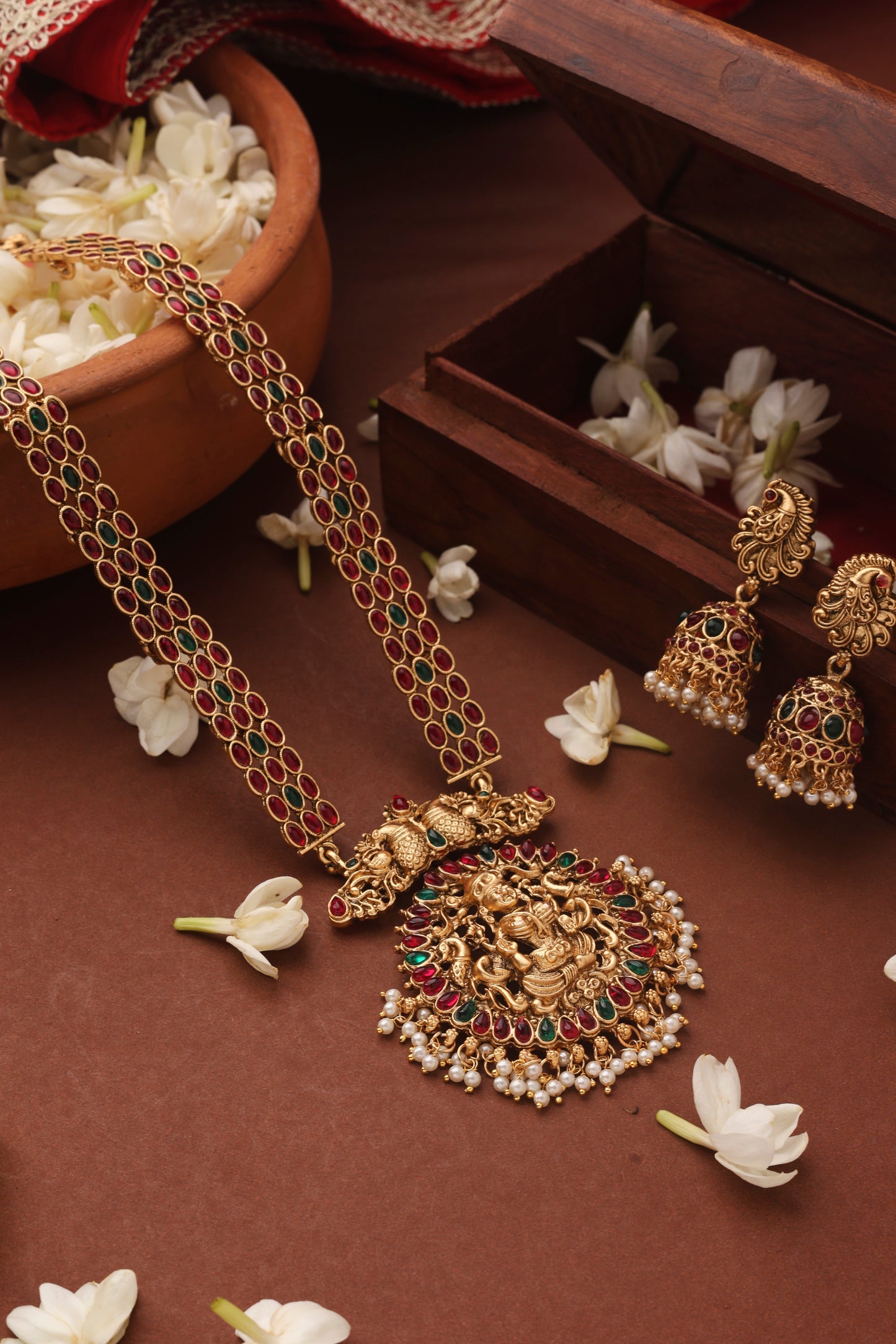 Long Gold Plated Temple Necklace with Laxmi Pendant