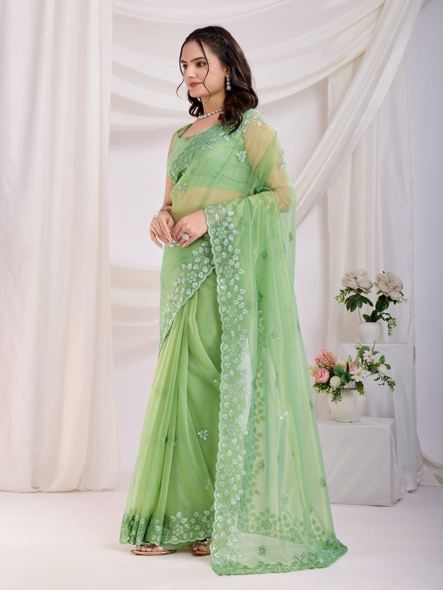 Pista Twill Net Embroidered Saree