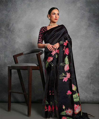 Black Art Silk Saree with Digital-Painted Lotus Motifs