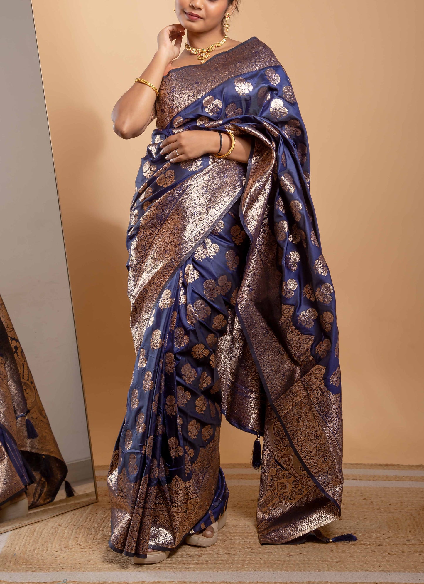 Navy Blue Zari Woven Saree with Floral Motifs and Grand Border