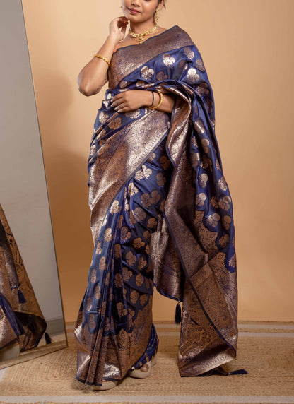 Navy Blue Zari Woven Saree with Floral Motifs and Grand Border