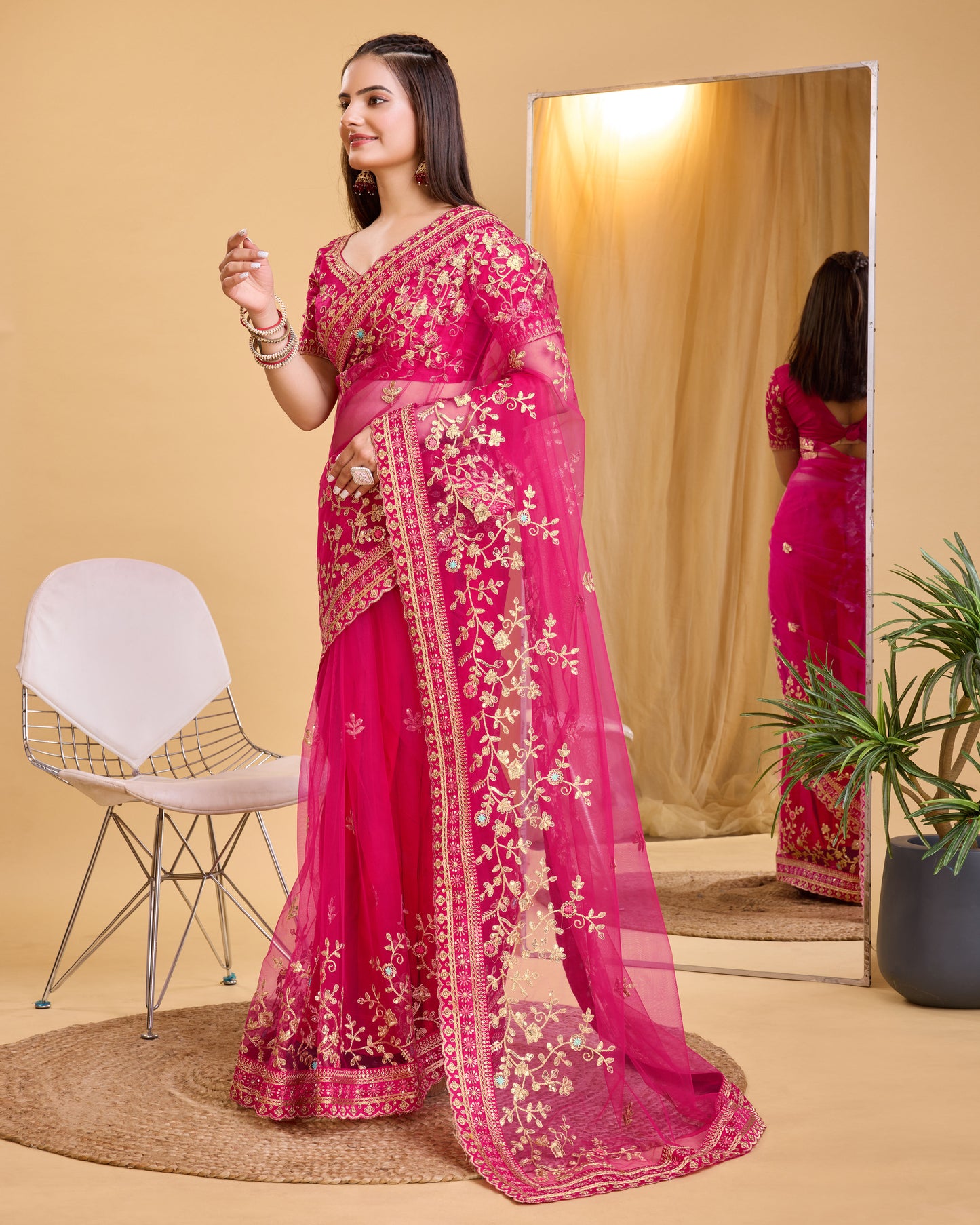 Rani Pink Soft Net Embroidered Saree