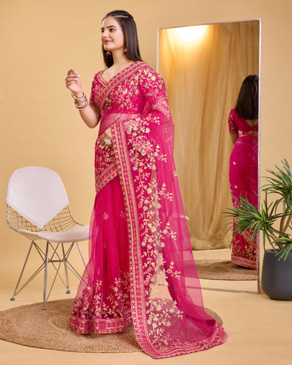 Rani Pink Soft Net Embroidered Saree