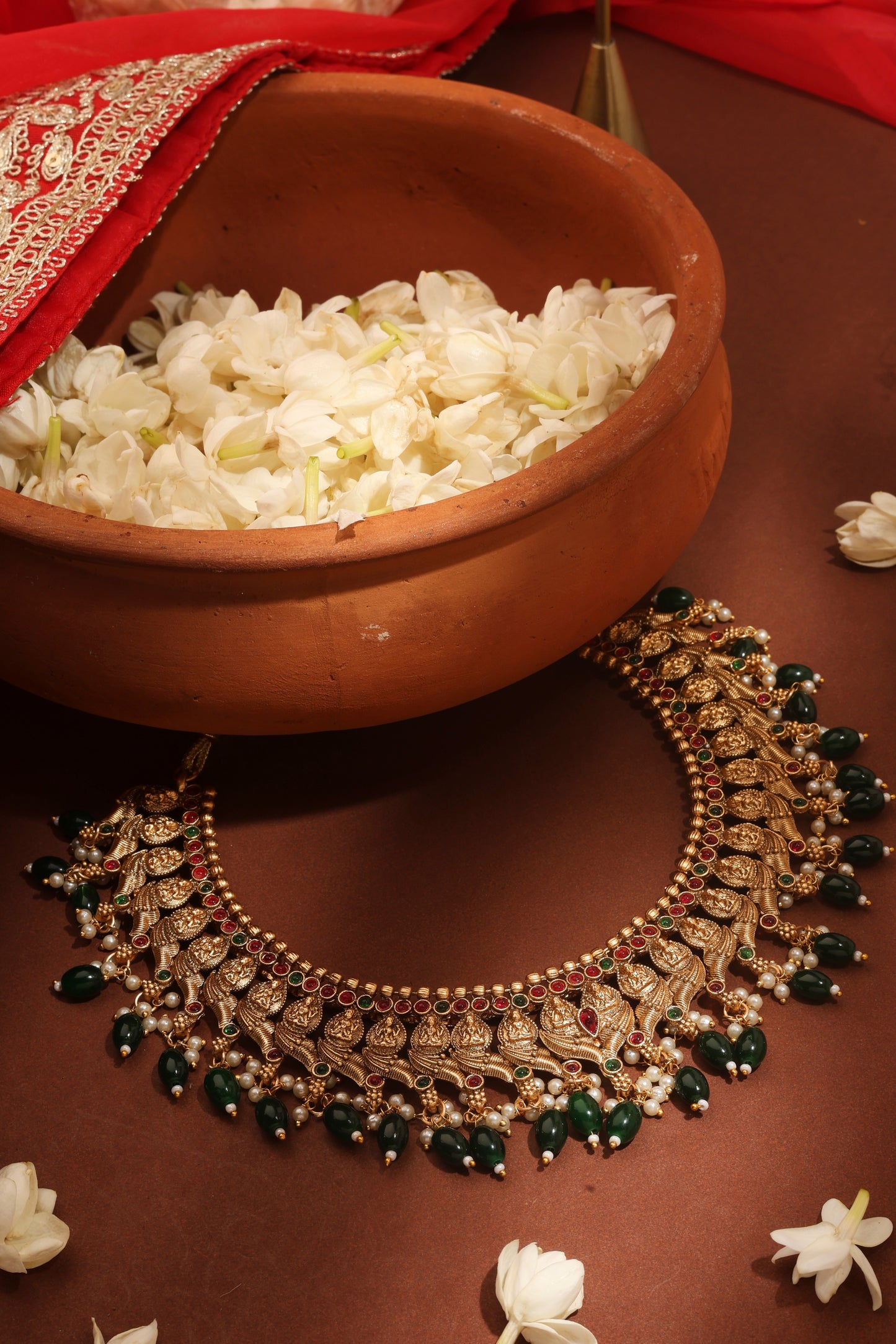 Gold Plated Temple jewellery Necklace Set with Green Drops