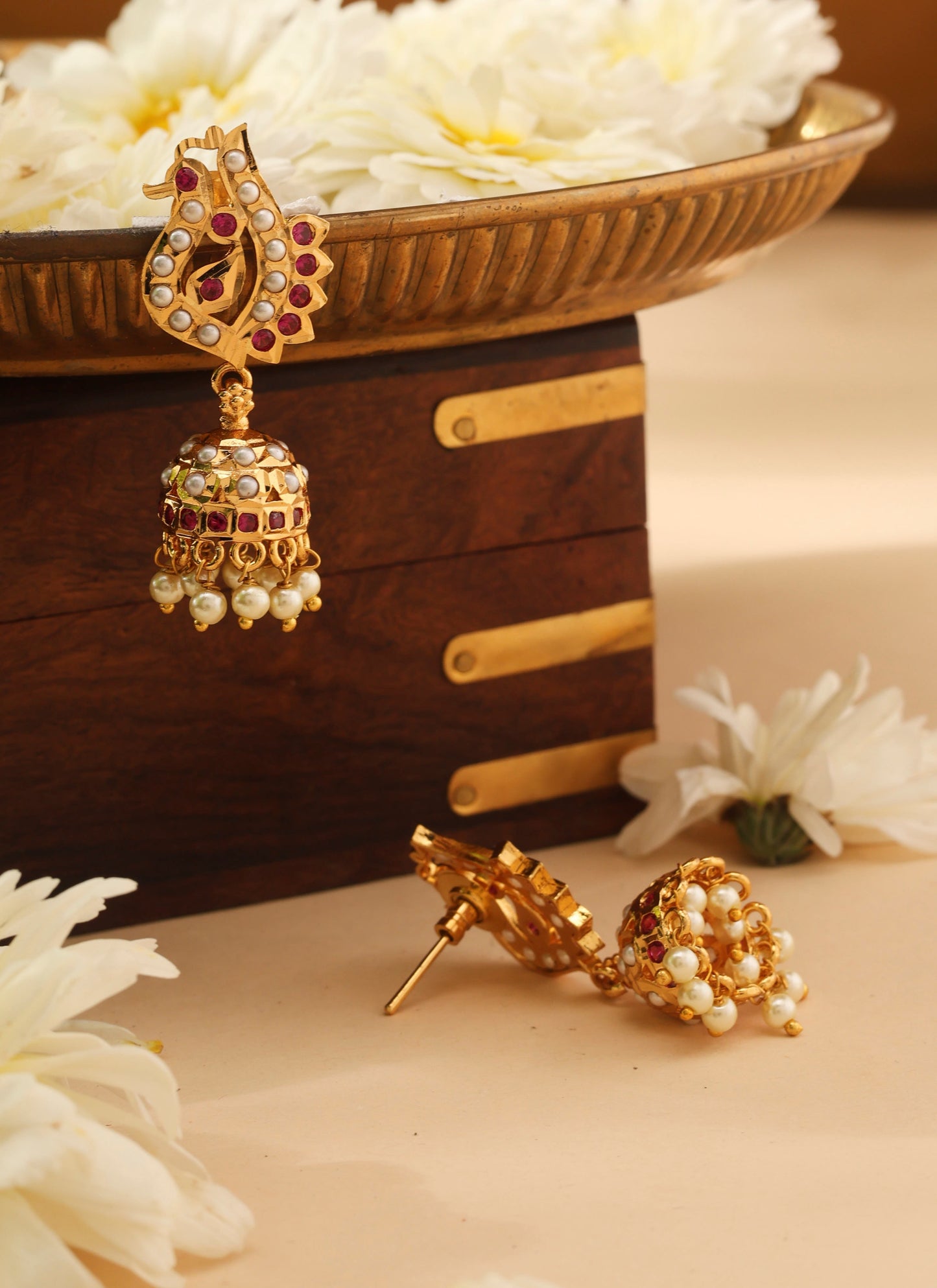 Gold Jhumkas with White and Pink Stone Accents