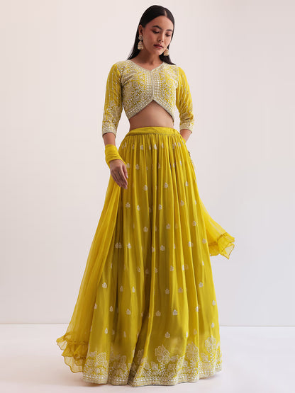 Yellow Embroidered Georgette Haldi Wear Lehenga Choli