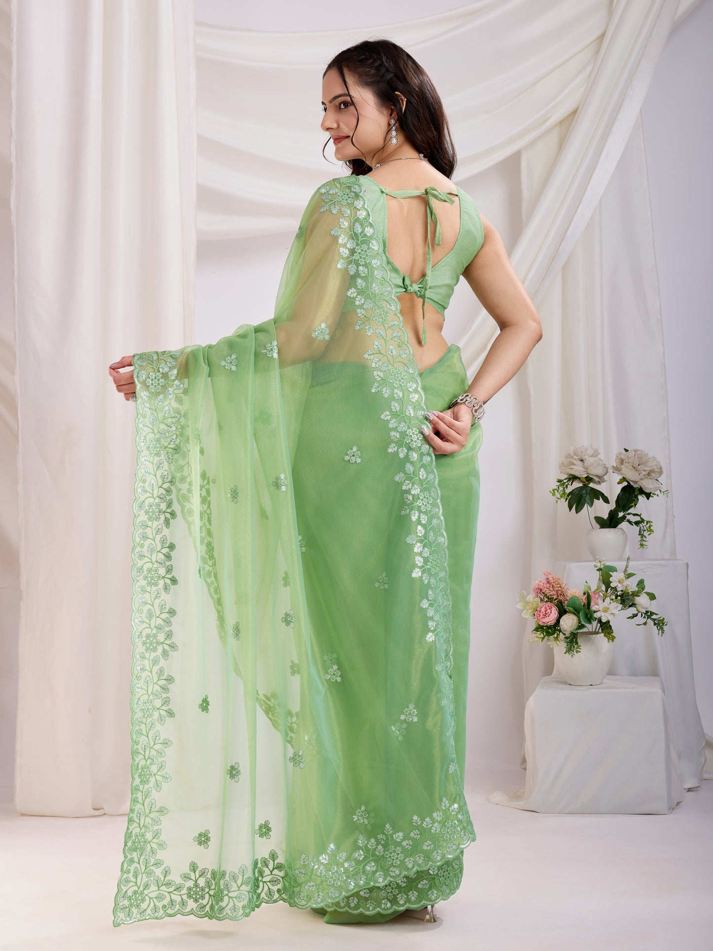 Pista Twill Net Embroidered Saree