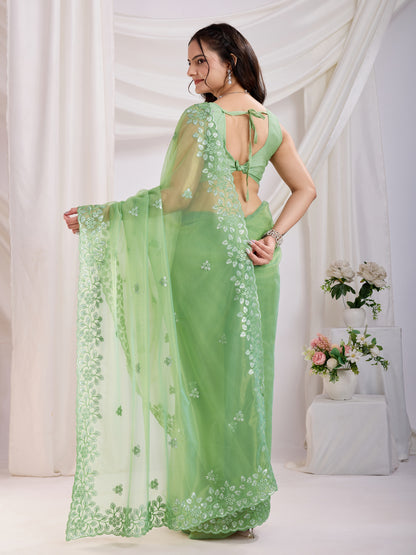 Pista Twill Net Embroidered Saree