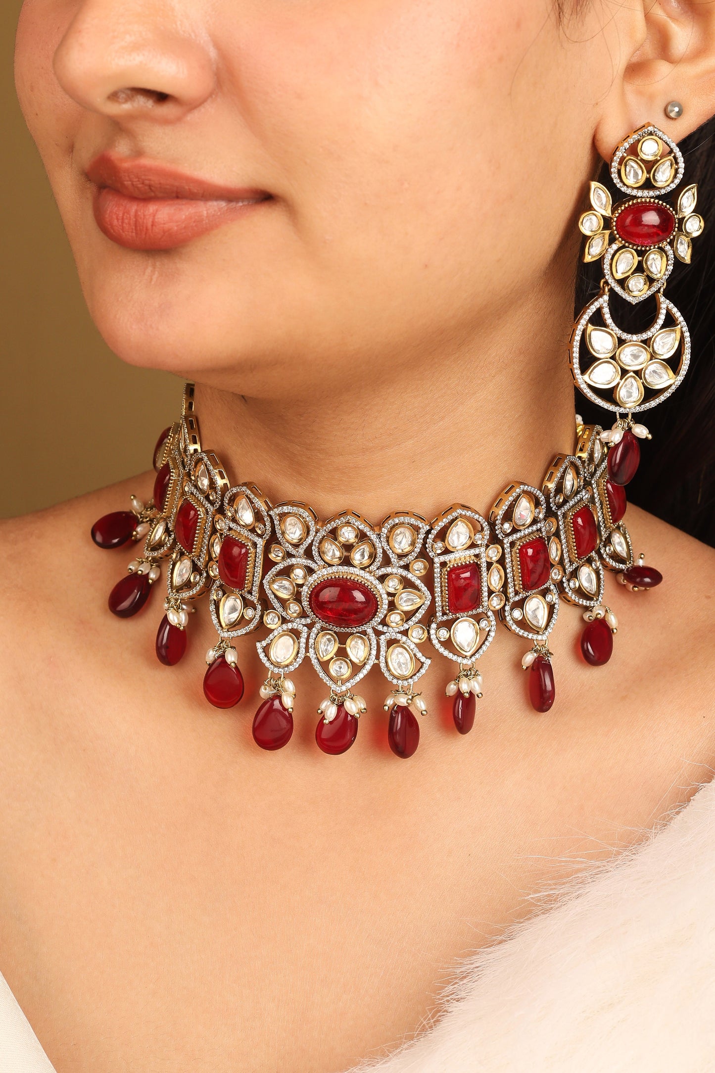 American Diamond Choker Set with Red Stones