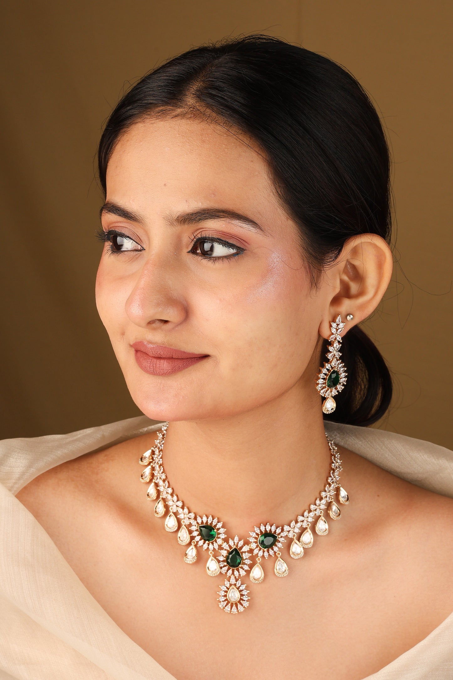 Statement Necklace with Green Stones and American Diamonds