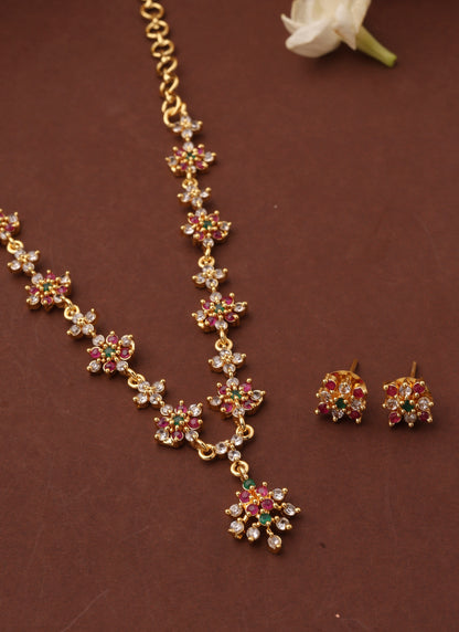 Gold Plated Minimalistic Flower Shaped Necklace Set with American Stones